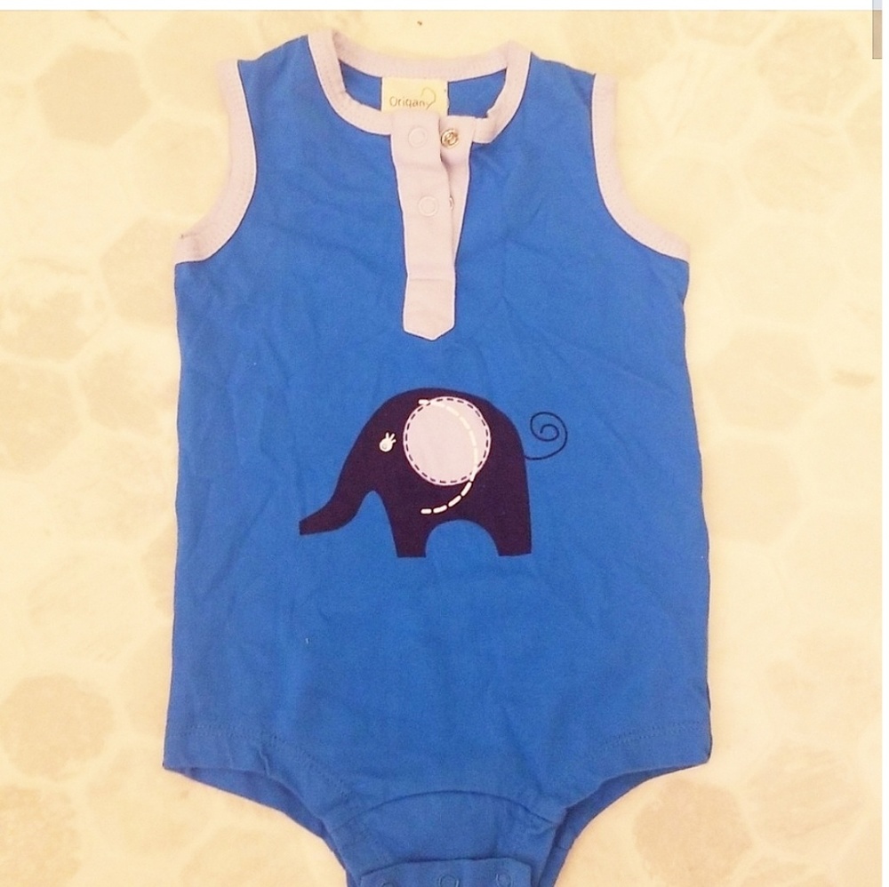 ORIGANY 0-3mths blue with navy elephant onesie